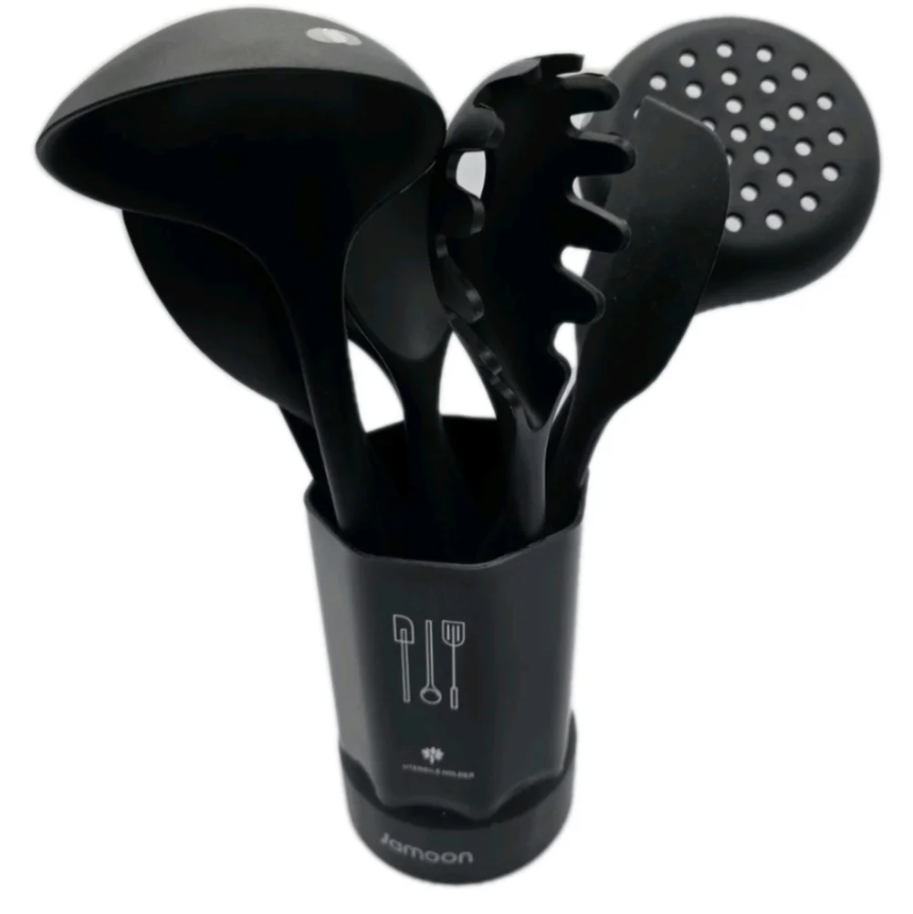 Silicone Cooking Utensils 9 Piece Baking Black W/Holders Beachwood Handles 480 °